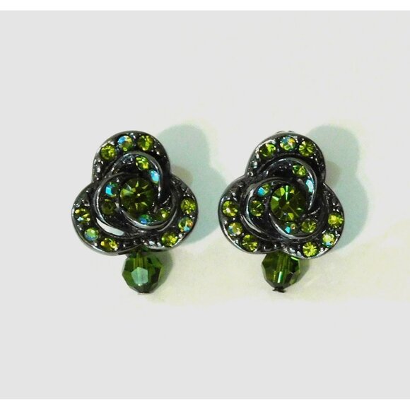 Premier Designs Sage Blossom Earrings Green Crystals Bead Accent Dual Clip Post - Picture 1 of 6